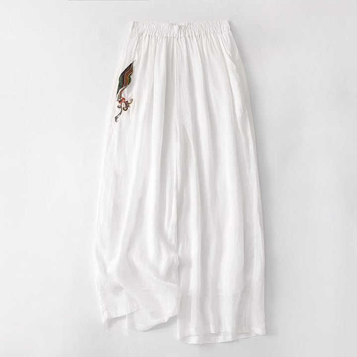 Pantalones anchos de lino y algodón de doble capa con bordado de Buddha Stones para mujer, con bolsillos - Blanco - US8-10，UK/AU12-14，EU40-42 (2XL) - image 24