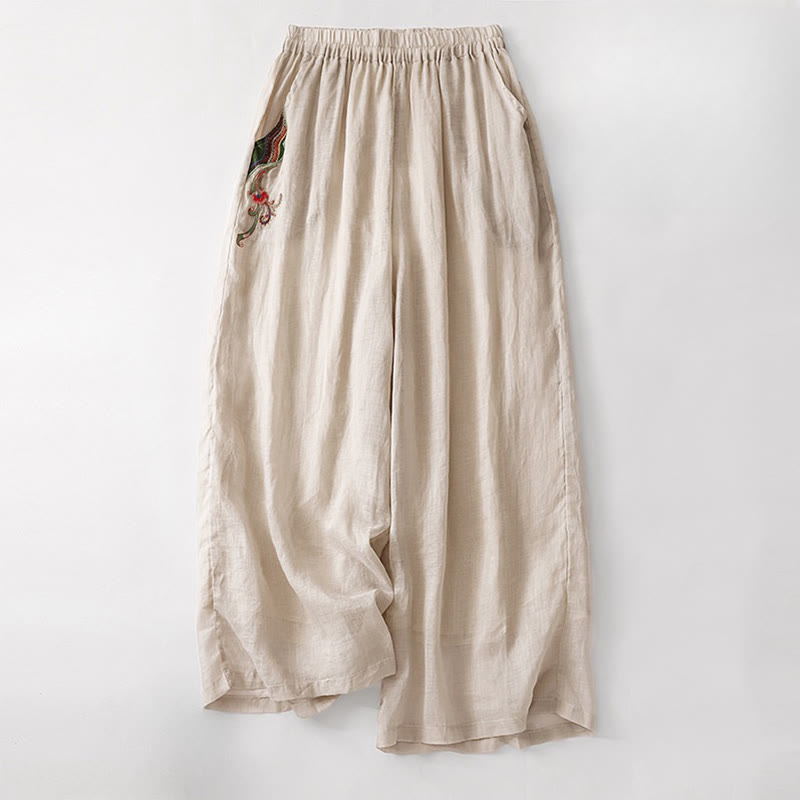 Pantalones anchos de lino y algodón de doble capa con bordado de Buddha Stones para mujer, con bolsillos - vara de oro pálida - US8-10，UK/AU12-14，EU40-42 (2XL) - image 16