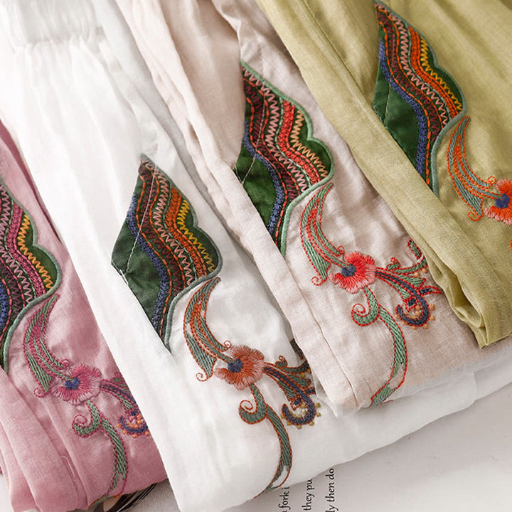 Pantalones anchos de lino y algodón de doble capa con bordado de Buddha Stones para mujer, con bolsillos - image 32