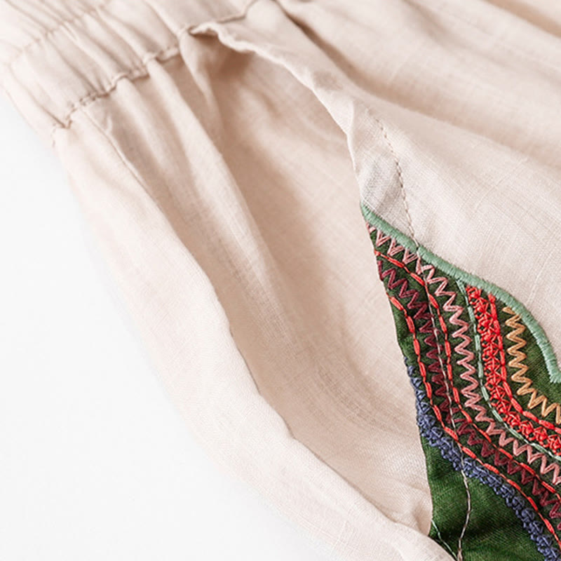 Pantalones anchos de lino y algodón de doble capa con bordado de Buddha Stones para mujer, con bolsillos - image 19