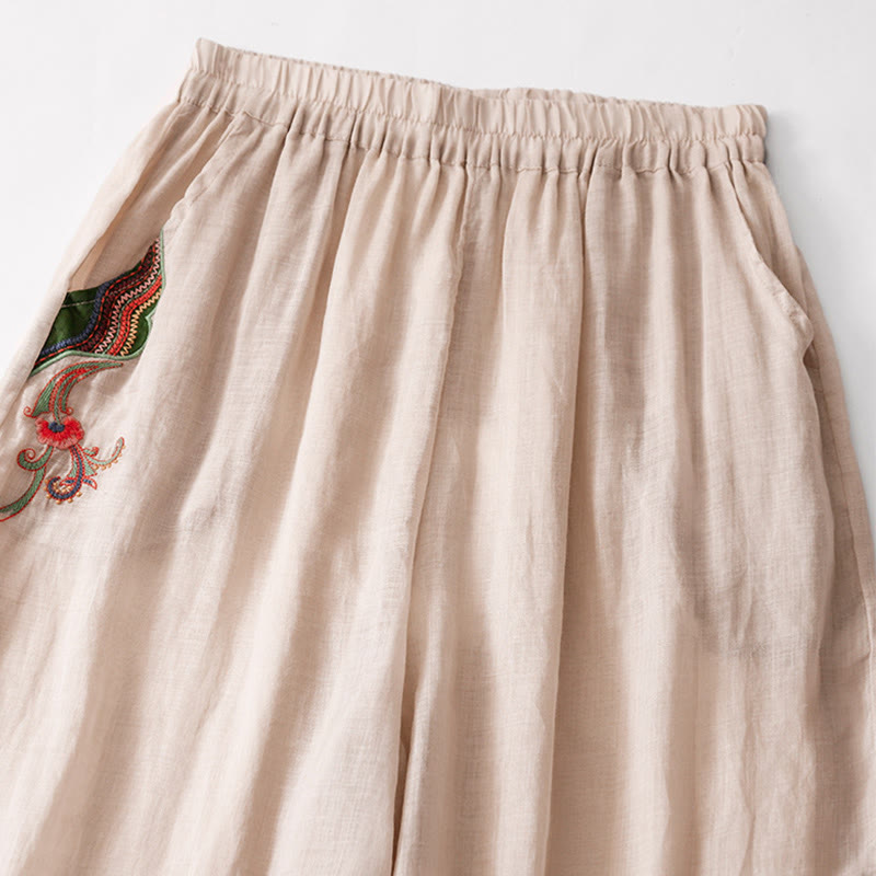 Pantalones anchos de lino y algodón de doble capa con bordado de Buddha Stones para mujer, con bolsillos - image 18
