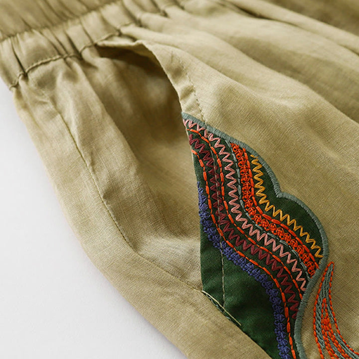 Pantalones anchos de lino y algodón de doble capa con bordado de Buddha Stones para mujer, con bolsillos - image 2