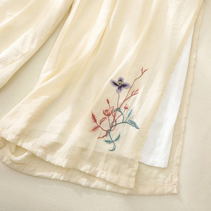 Pantalones anchos de lino y algodón con abertura y botones de rana china de doble capa con bordado artístico de flores y Buddha Stones para mujer