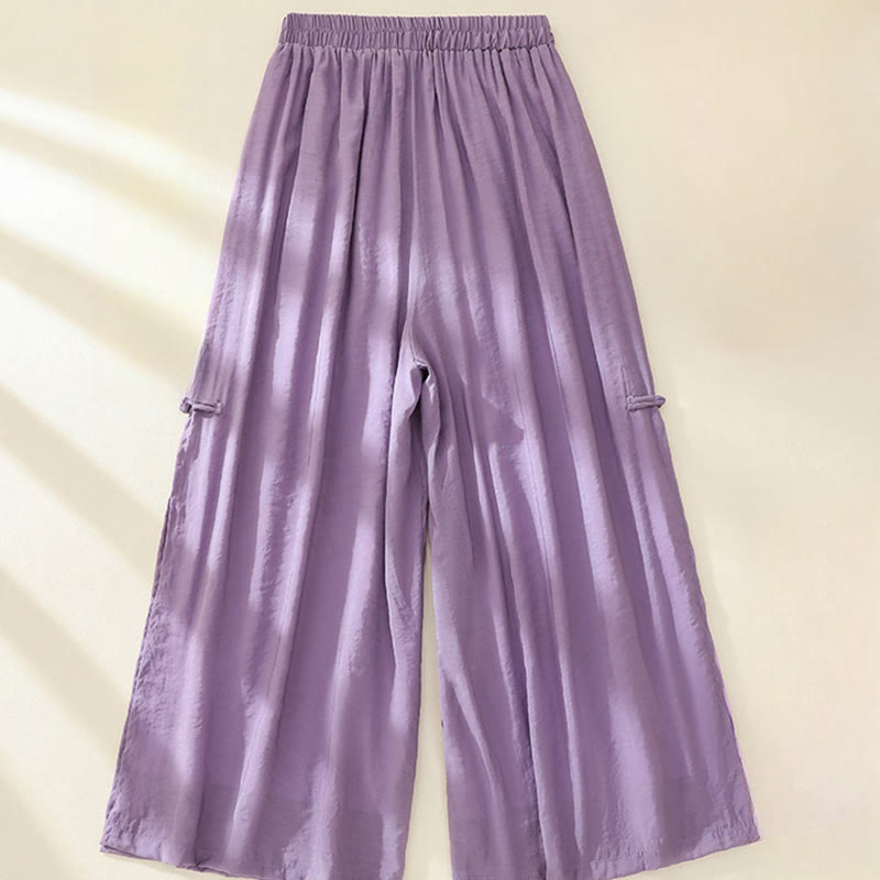 Pantalones anchos de lino y algodón con abertura y botones de rana china de doble capa con bordado artístico de flores y Buddha Stones para mujer
