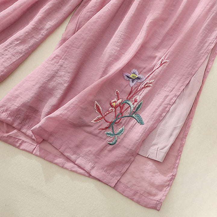 Pantalones anchos de lino y algodón con abertura y botones de rana china de doble capa con bordado artístico de flores y Buddha Stones para mujer