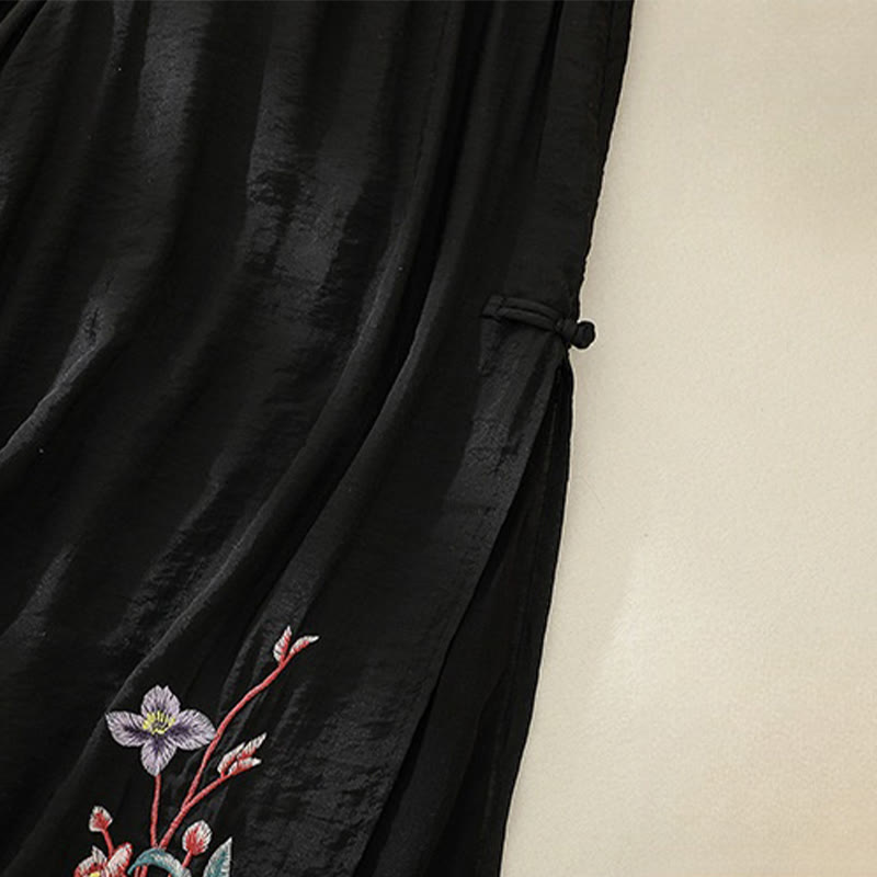 Pantalones de pierna ancha para mujer con bordado artístico de Buddha Stones, flores, doble capa, botones chinos y abertura. - image 17