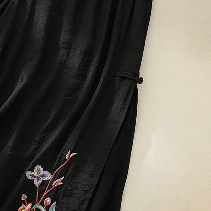 Pantalones de pierna ancha para mujer con bordado artístico de Buddha Stones, flores, doble capa, botones chinos y abertura. - image 17