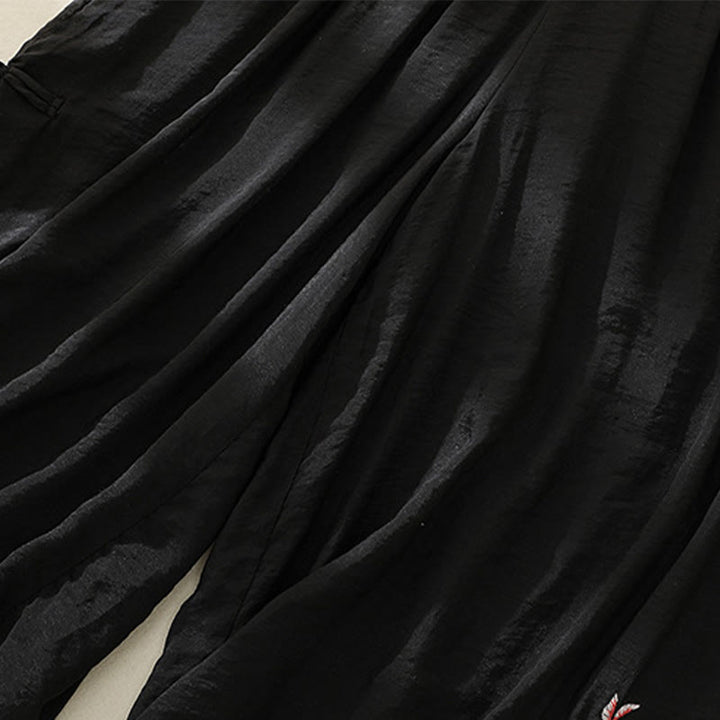 Pantalones de pierna ancha para mujer con bordado artístico de Buddha Stones, flores, doble capa, botones chinos y abertura. - image 15