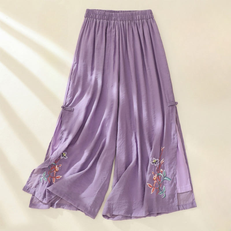 Pantalones de pierna ancha para mujer con bordado artístico de Buddha Stones, flores, doble capa, botones chinos y abertura. - Orquídea mediana - US8-10，UK/AU12-14，EU40-42 (2XL) - image 10