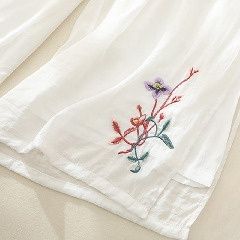 Pantalones anchos de lino y algodón con abertura y botones de rana china de doble capa con bordado artístico de flores y Buddha Stones para mujer - image 5