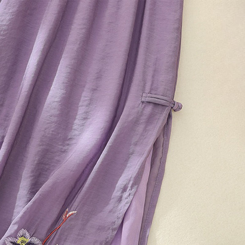 Pantalones anchos de lino y algodón con abertura y botones de rana china de doble capa con bordado artístico de flores y Buddha Stones para mujer - image 13