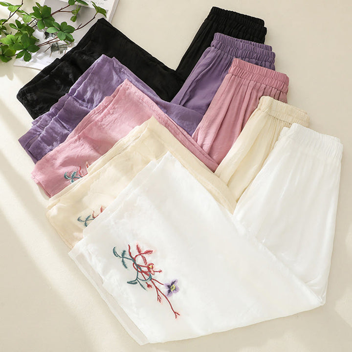Pantalones de pierna ancha para mujer con bordado artístico de Buddha Stones, flores, doble capa, botones chinos y abertura. - image 19