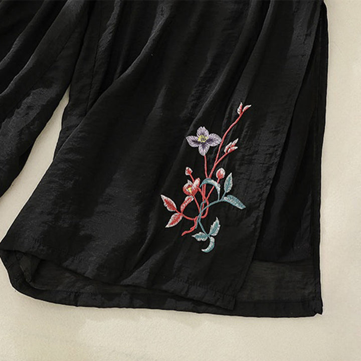 Pantalones de pierna ancha para mujer con bordado artístico de Buddha Stones, flores, doble capa, botones chinos y abertura. - image 16