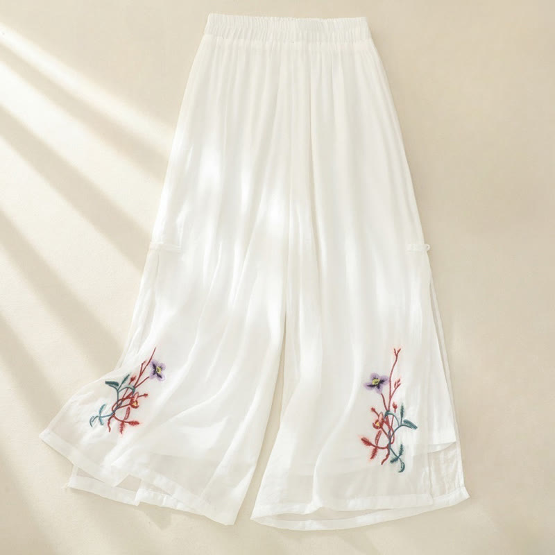 Pantalones anchos de lino y algodón con abertura y botones de rana china de doble capa con bordado artístico de flores y Buddha Stones para mujer