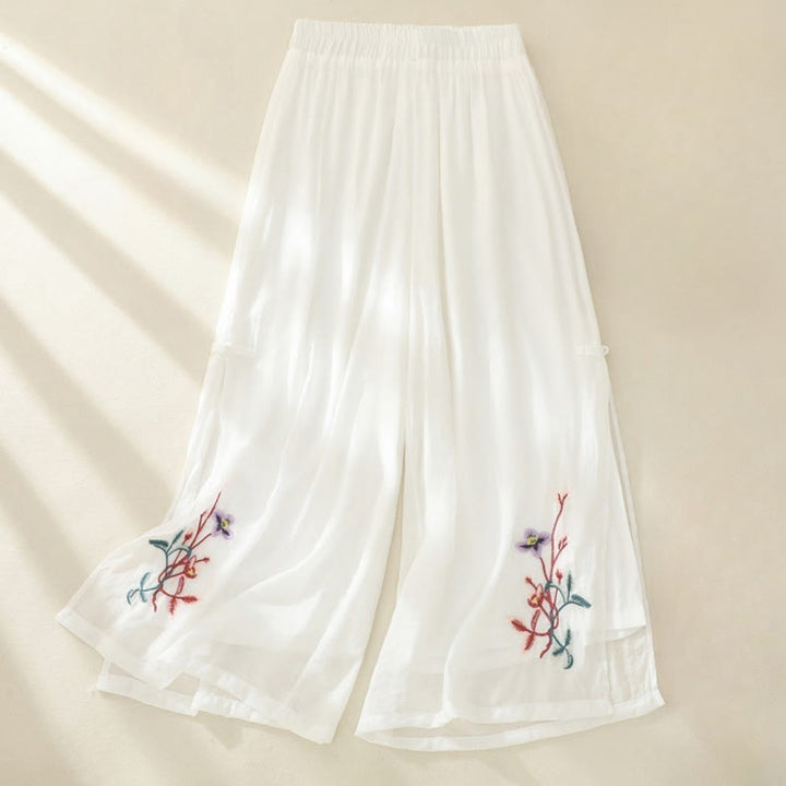 Pantalones anchos de lino y algodón con abertura y botones de rana china de doble capa con bordado artístico de flores y Buddha Stones para mujer