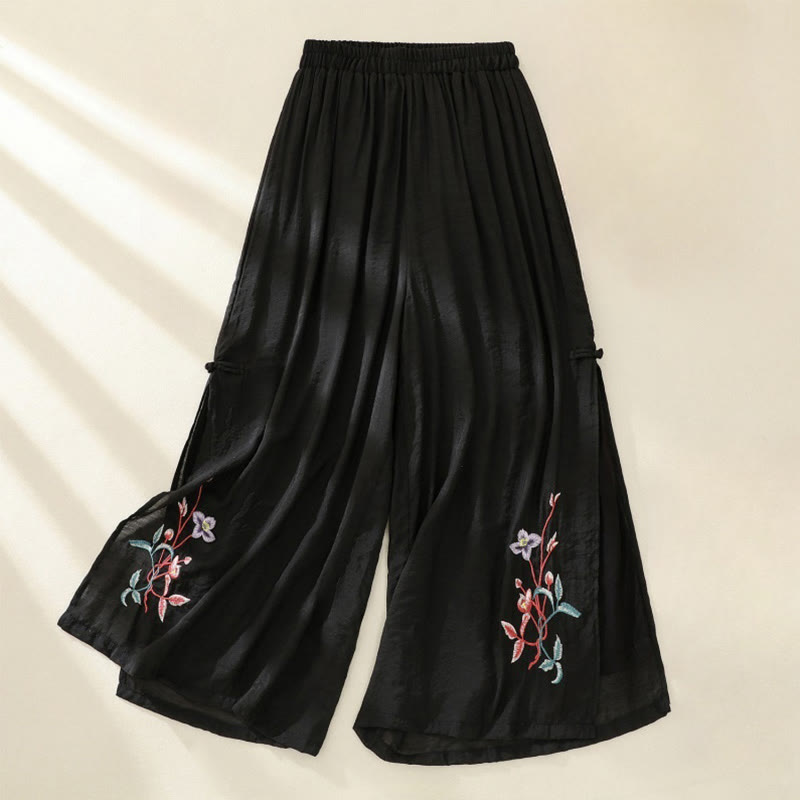 Pantalones anchos de lino y algodón con abertura y botones de rana china de doble capa con bordado artístico de flores y Buddha Stones para mujer