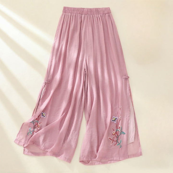 Pantalones de pierna ancha para mujer con bordado artístico de Buddha Stones, flores, doble capa, botones chinos y abertura. - Rojo violeta pálido - US8-10，UK/AU12-14，EU40-42 (2XL) - image 0