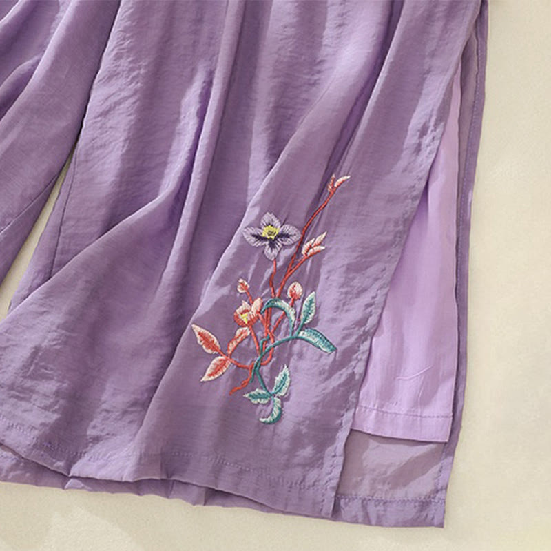 Pantalones anchos de lino y algodón con abertura y botones de rana china de doble capa con bordado artístico de flores y Buddha Stones para mujer - image 12