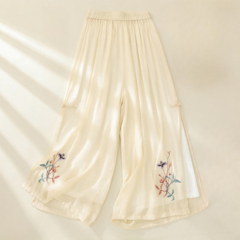 Pantalones anchos de lino y algodón con abertura y botones de rana china de doble capa con bordado artístico de flores y Buddha Stones para mujer