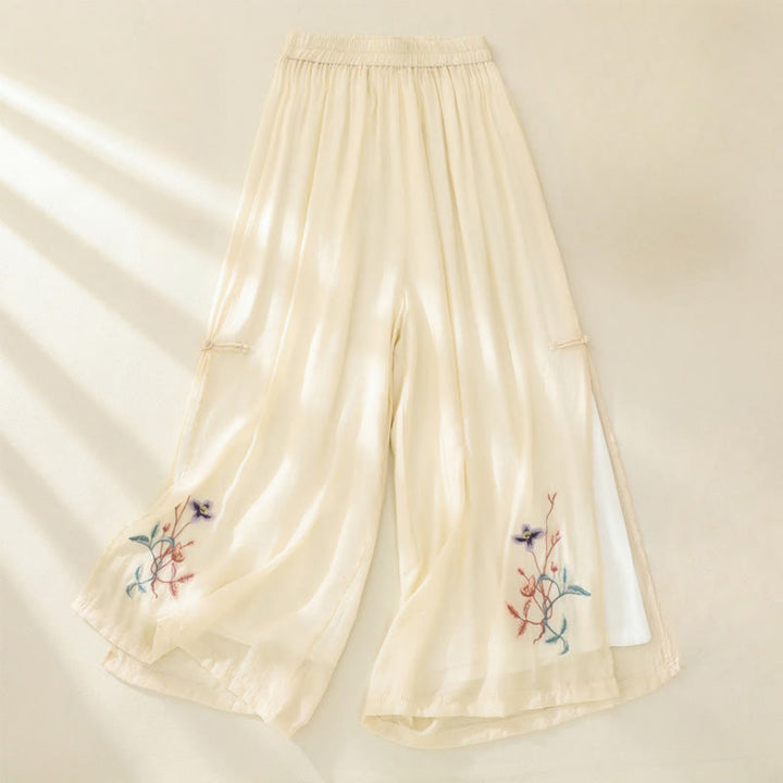 Pantalones anchos de lino y algodón con abertura y botones de rana china de doble capa con bordado artístico de flores y Buddha Stones para mujer
