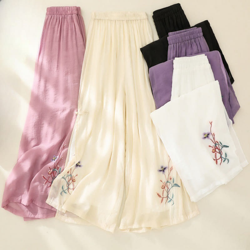 Pantalones anchos de lino y algodón con abertura y botones de rana china de doble capa con bordado artístico de flores y Buddha Stones para mujer - image 18