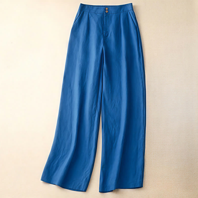 Pantalones anchos de lino con diseño sencillo e informal de verano para mujer con bolsillos con cremallera de Buddha Stones - Azul real - US8-10，UK/AU12-14，EU40-42 (2XL) - image 16