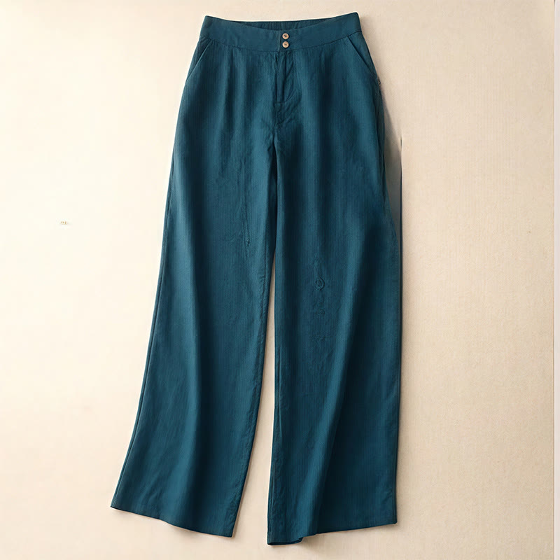 Pantalones anchos de lino con diseño sencillo e informal de verano para mujer con bolsillos con cremallera de Buddha Stones - Verde azulado - US8-10，UK/AU12-14，EU40-42 (2XL) - image 0