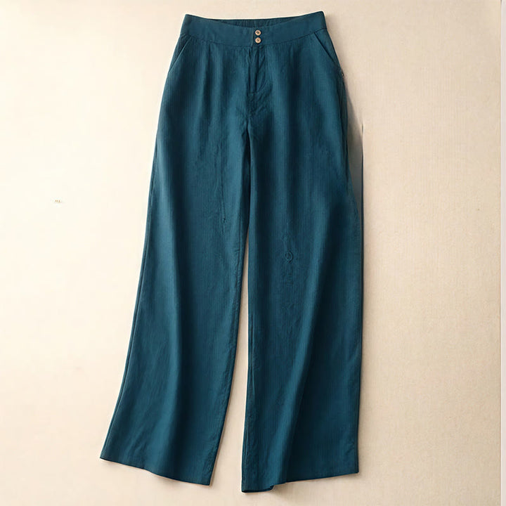 Pantalones anchos de lino con diseño sencillo e informal de verano para mujer con bolsillos con cremallera de Buddha Stones - Verde azulado - US8-10，UK/AU12-14，EU40-42 (2XL) - image 0