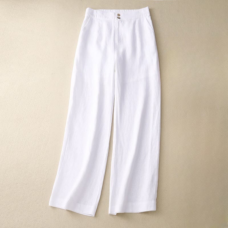 Pantalones anchos de lino con diseño sencillo e informal de verano para mujer con bolsillos con cremallera de Buddha Stones - Blanco - US8-10，UK/AU12-14，EU40-42 (2XL) - image 5