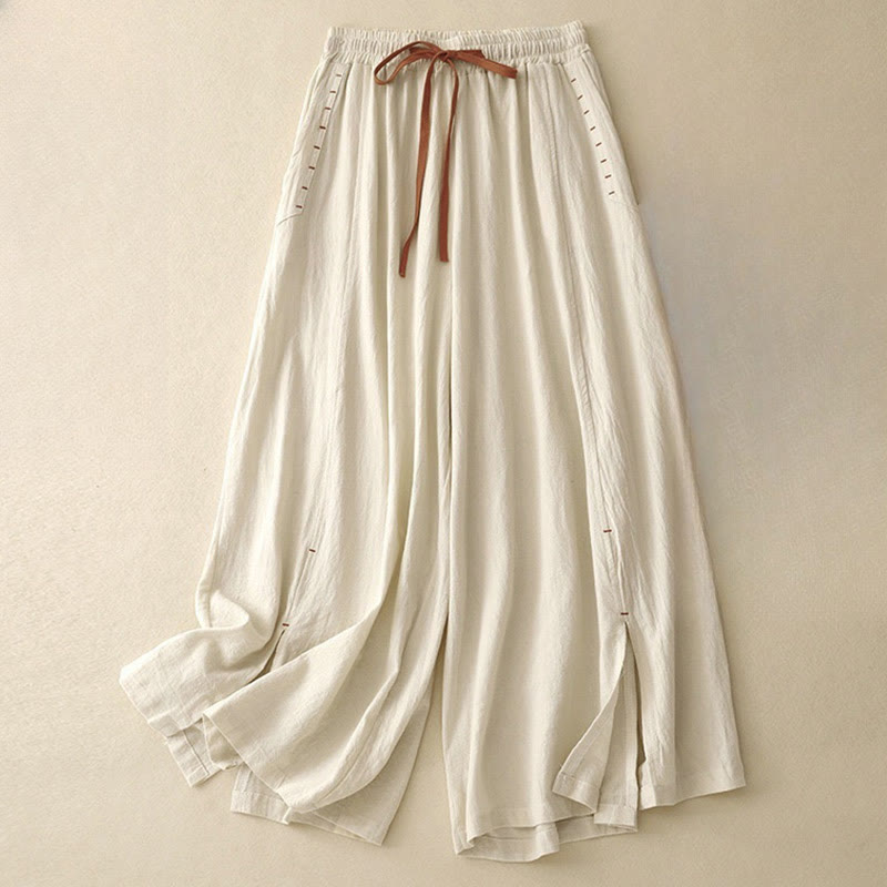 Pantalones de lino y algodón con diseño sencillo e informal de Buddha Stones para mujer, con bolsillos y abertura en la pierna ancha. - Beige - US8-10，UK/AU12-14，EU40-42 (2XL) - image 5