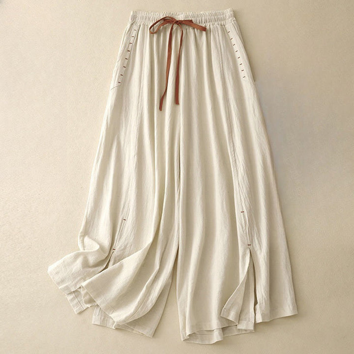 Pantalones de lino y algodón con diseño sencillo e informal de Buddha Stones para mujer, con bolsillos y abertura en la pierna ancha. - Beige - US8-10，UK/AU12-14，EU40-42 (2XL) - image 5