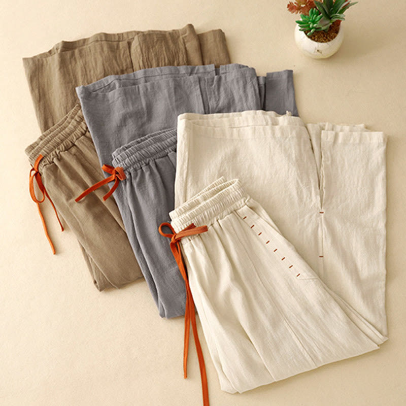 Pantalones de lino y algodón con diseño sencillo e informal de Buddha Stones para mujer, con bolsillos y abertura en la pierna ancha. - image 21