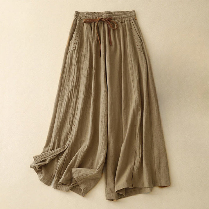 Pantalones de lino y algodón con diseño sencillo e informal de Buddha Stones para mujer, con bolsillos y abertura en la pierna ancha. - Vara de oro oscura - US8-10，UK/AU12-14，EU40-42 (2XL) - image 0