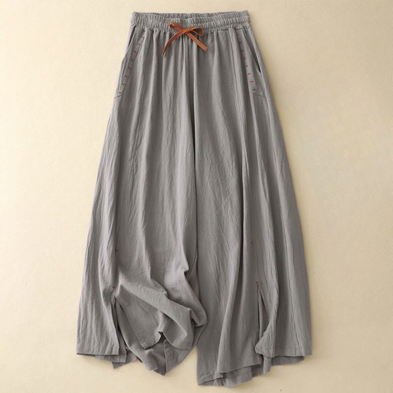 Pantalones de lino y algodón con diseño sencillo e informal de Buddha Stones para mujer, con bolsillos y abertura en la pierna ancha. - Gris pizarra claro - US8-10，UK/AU12-14，EU40-42 (2XL) - image 15
