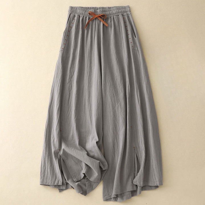 Pantalones de lino y algodón con diseño sencillo e informal de Buddha Stones para mujer, con bolsillos y abertura en la pierna ancha. - Gris pizarra claro - US8-10，UK/AU12-14，EU40-42 (2XL) - image 15