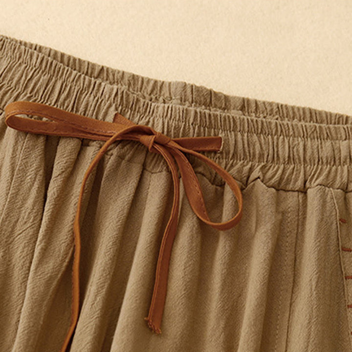 Pantalones de lino y algodón con diseño sencillo e informal de Buddha Stones para mujer, con bolsillos y abertura en la pierna ancha. - image 1
