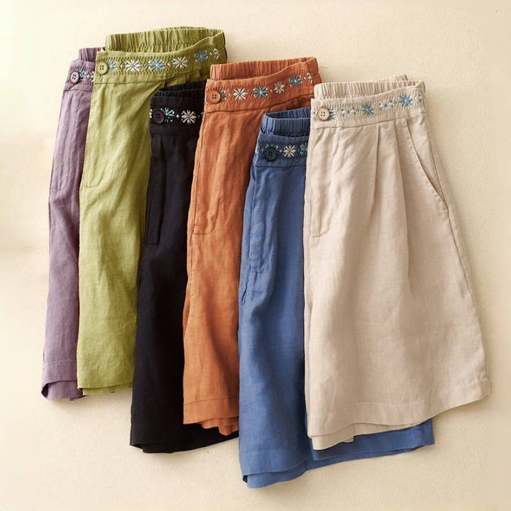 Pantalones cortos de lino y algodón con bolsillos para mujer, informales , de verano, con bordado floral, plisados, con cremallera y botones - image 29
