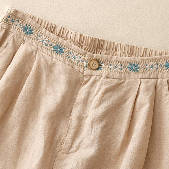 Pantalones cortos de lino y algodón con bolsillos para mujer, informales , de verano, con bordado floral, plisados, con cremallera y botones - image 23