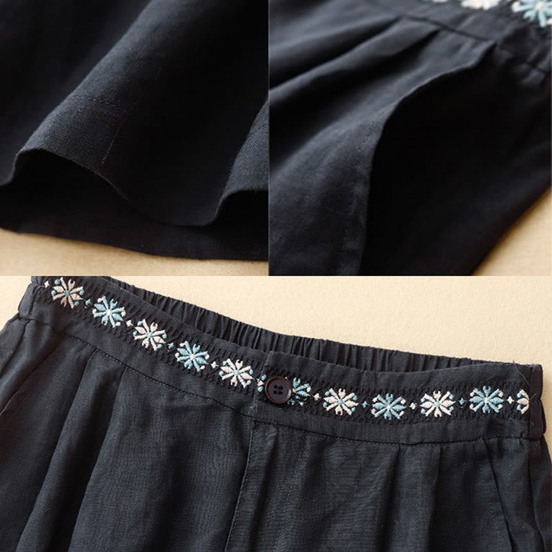 Pantalones cortos de lino y algodón con bolsillos para mujer, informales , de verano, con bordado floral, plisados, con cremallera y botones - image 20