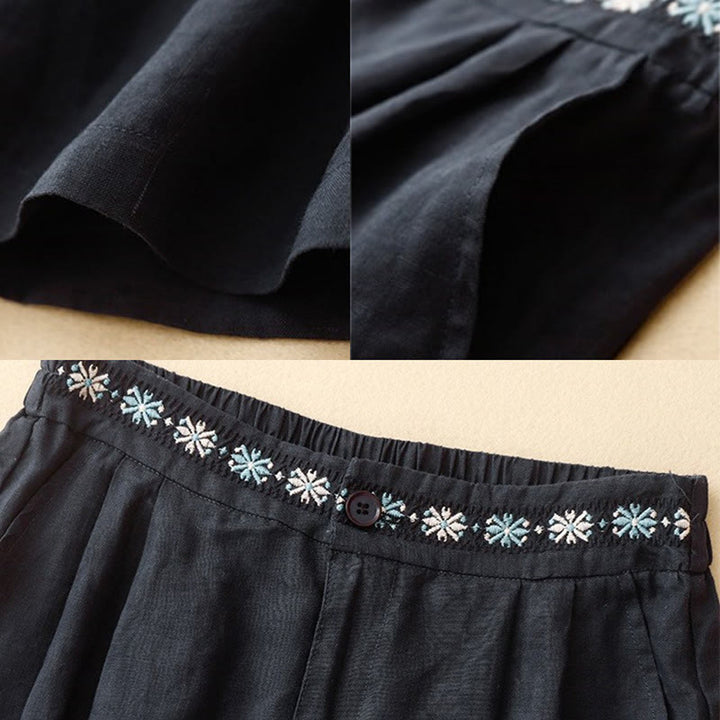 Pantalones cortos de lino y algodón con bolsillos para mujer, informales , de verano, con bordado floral, plisados, con cremallera y botones - image 20