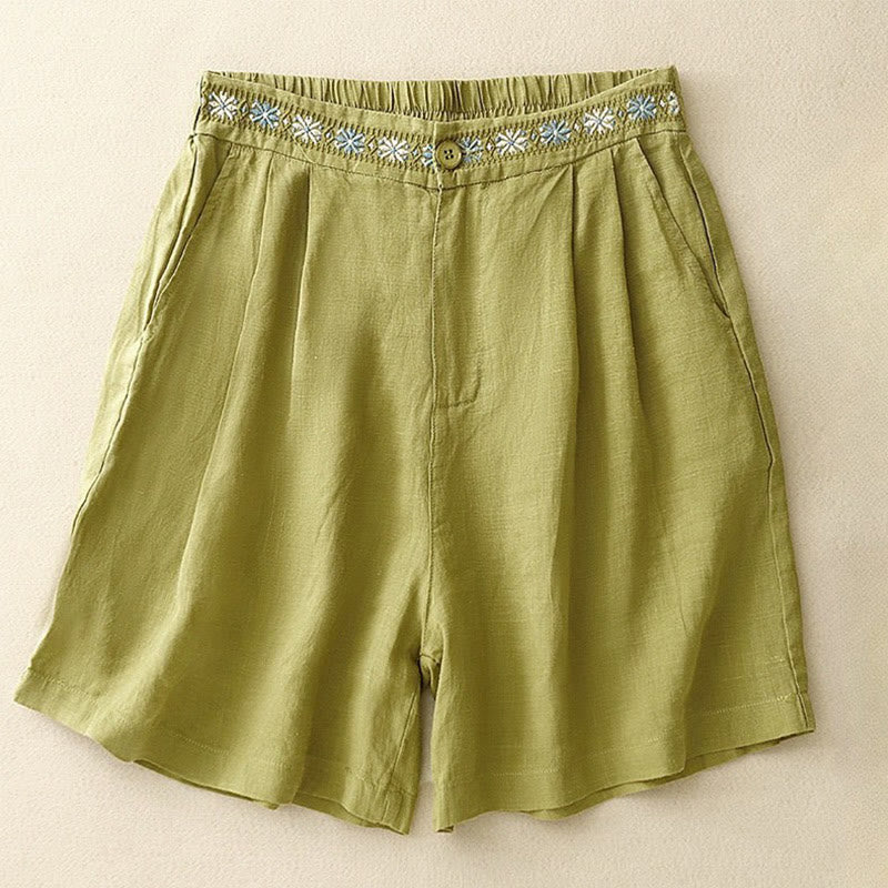 Pantalones cortos de lino y algodón con bolsillos para mujer, informales , de verano, con bordado floral, plisados, con cremallera y botones - Verde amarillento - US8-10，UK/AU12-14，EU40-42 (2XL) - image 4