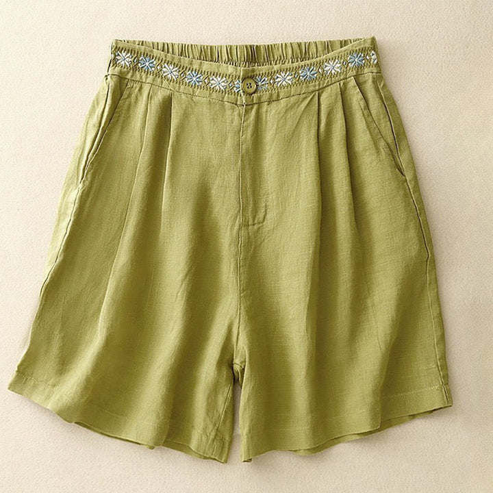 Pantalones cortos de lino y algodón con bolsillos para mujer, informales , de verano, con bordado floral, plisados, con cremallera y botones - Verde amarillento - US8-10，UK/AU12-14，EU40-42 (2XL) - image 4