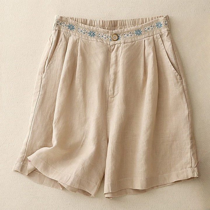 Pantalones cortos de lino y algodón con bolsillos para mujer, informales , de verano, con bordado floral, plisados, con cremallera y botones - Trigo - US8-10，UK/AU12-14，EU40-42 (2XL) - image 22
