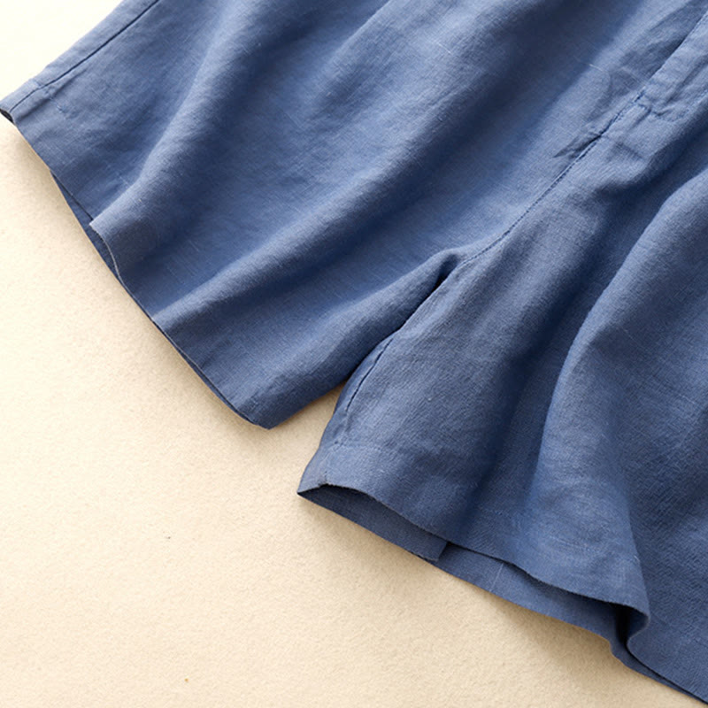 Pantalones cortos de lino y algodón con bolsillos para mujer, informales , de verano, con bordado floral, plisados, con cremallera y botones - image 1