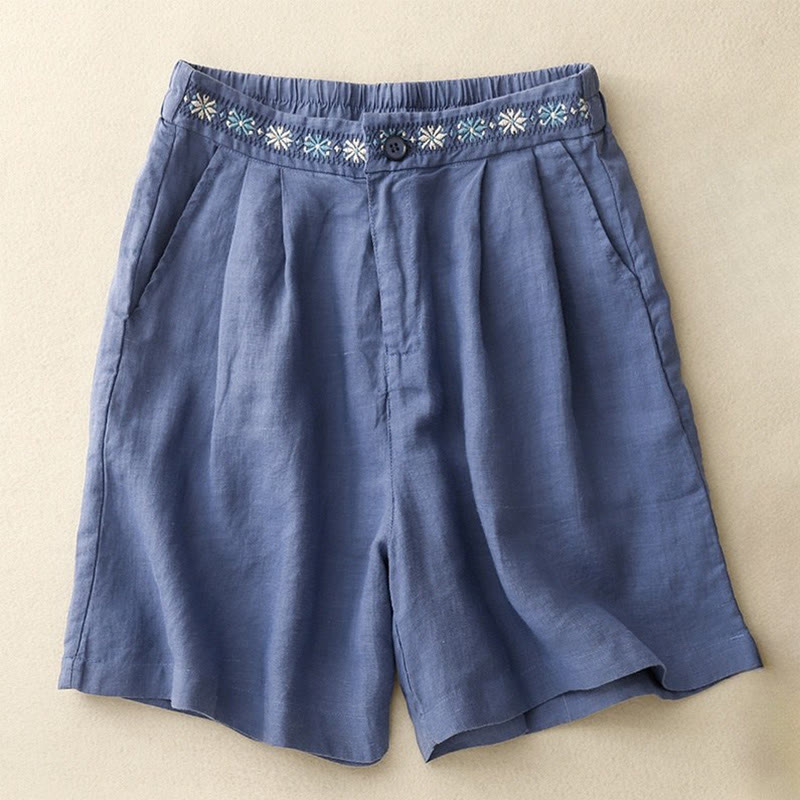 Pantalones cortos de lino y algodón con bolsillos para mujer, informales , de verano, con bordado floral, plisados, con cremallera y botones - Azul real - US8-10，UK/AU12-14，EU40-42 (2XL) - image 0
