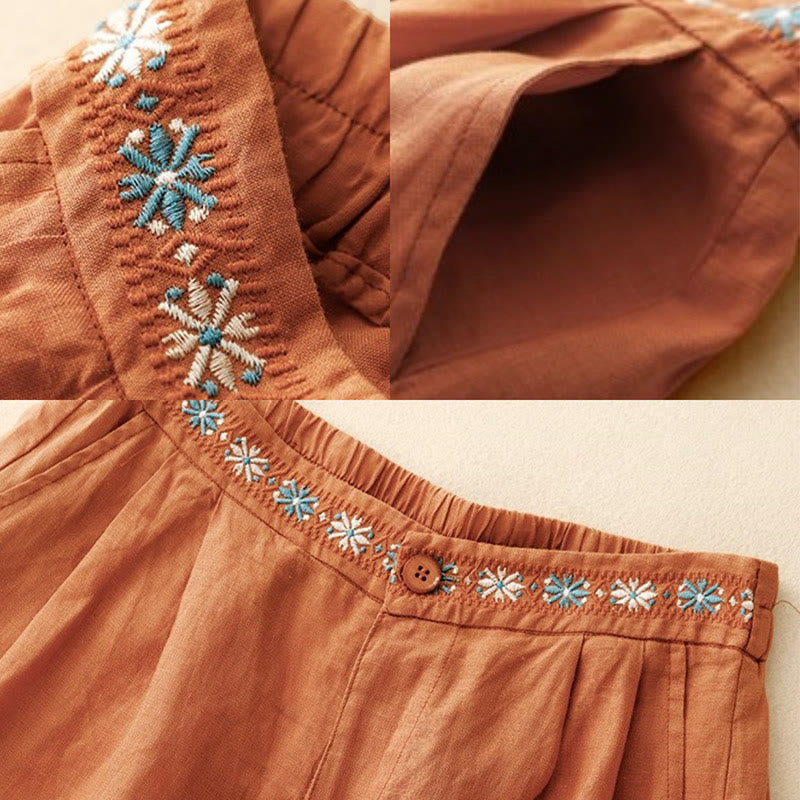 Pantalones cortos de lino y algodón con bolsillos para mujer, informales , de verano, con bordado floral, plisados, con cremallera y botones - image 15