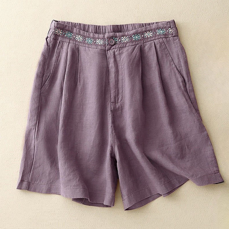 Pantalones cortos de poliéster para mujer con estampado de Buddha Stones, bordado floral, pliegues, cremallera y bolsillos. - Morado medio - US8-10，UK/AU12-14，EU40-42 (2XL) - image 8