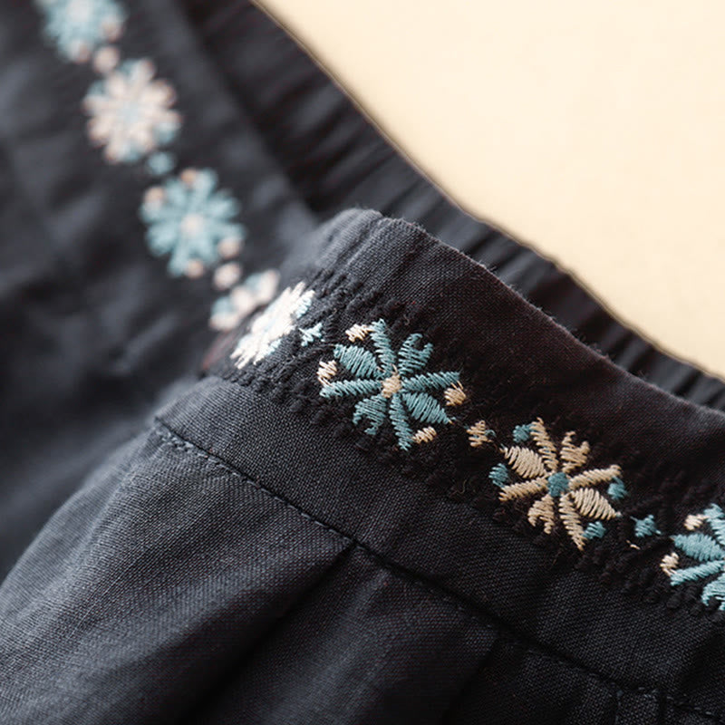 Pantalones cortos de lino y algodón con bolsillos para mujer, informales , de verano, con bordado floral, plisados, con cremallera y botones - image 18