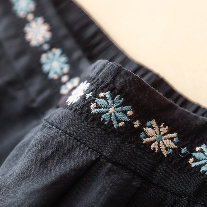 Pantalones cortos de lino y algodón con bolsillos para mujer, informales , de verano, con bordado floral, plisados, con cremallera y botones - image 18