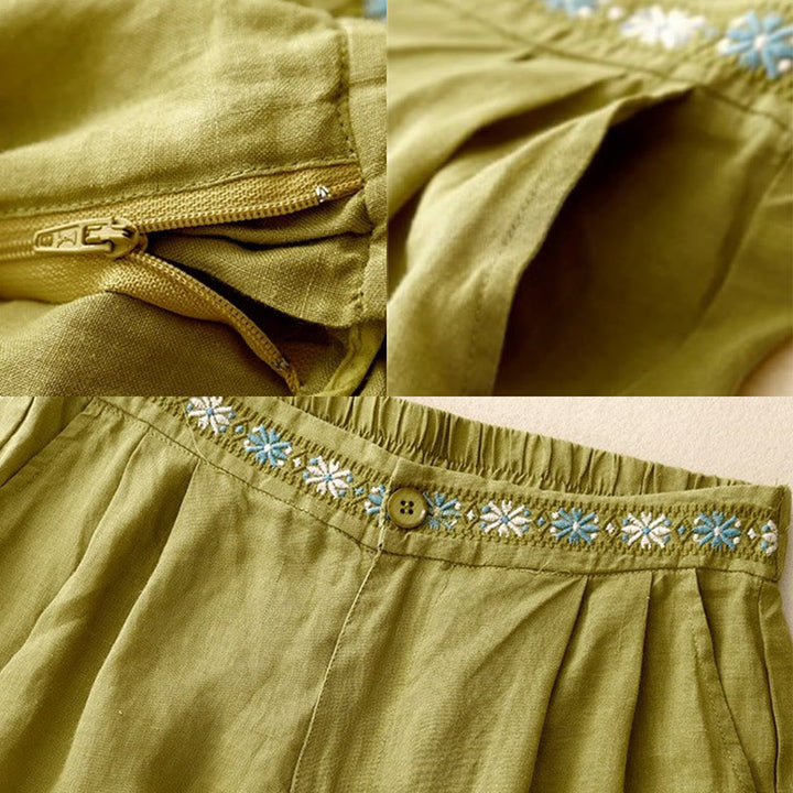Pantalones cortos de lino y algodón con bolsillos para mujer, informales , de verano, con bordado floral, plisados, con cremallera y botones - image 7